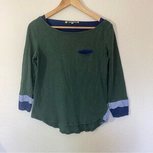 Anthropologie Little Yellow Button 3/4 length green and blue shirt